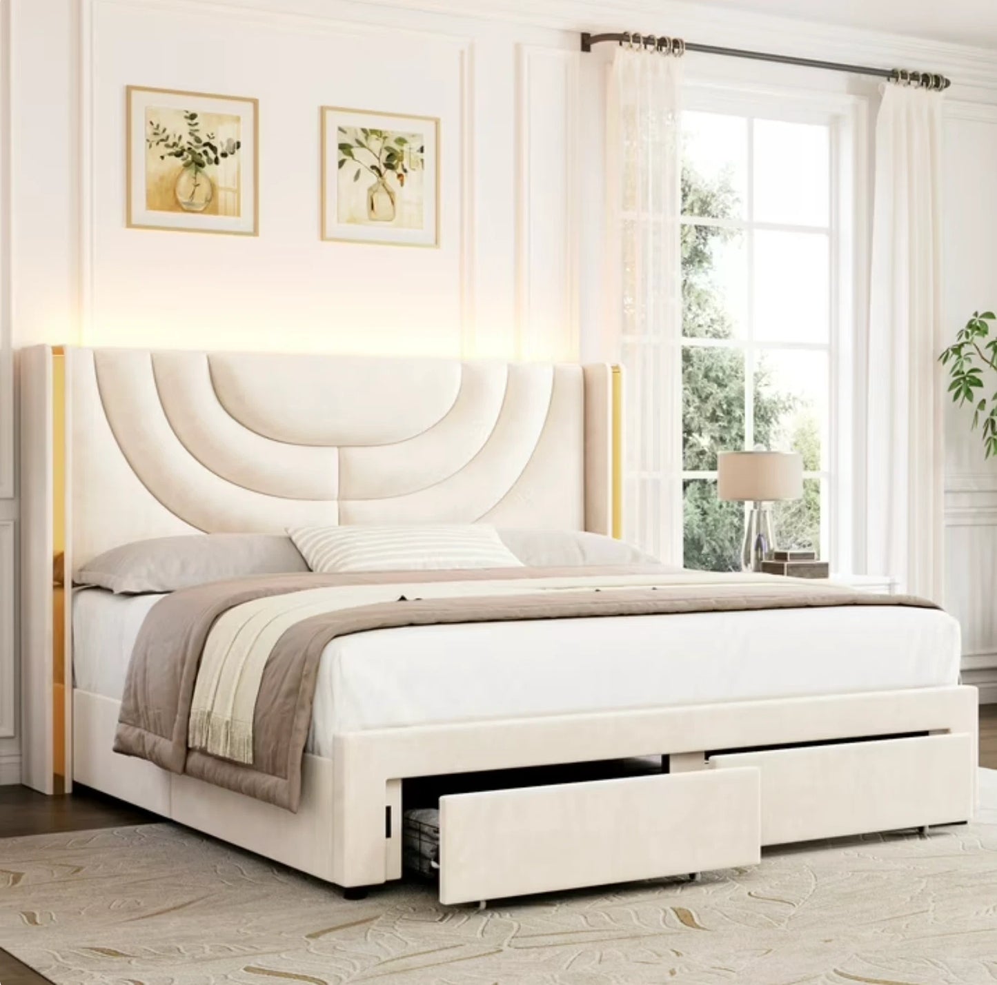 Marco De Cama Plataforma Tapizada en Terciopelo Cama King Size Cabecera LED