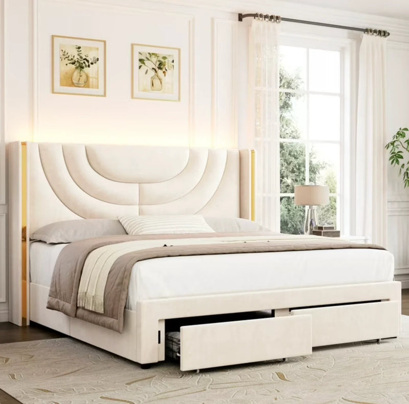 Marco De Cama Plataforma Tapizada en Terciopelo Cama King Size Cabecera LED