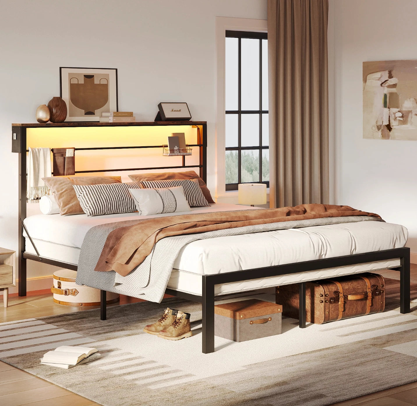 Marco De Cama Base Plataforma de Metal Cabecera LED Storage Habitacion FULL Size