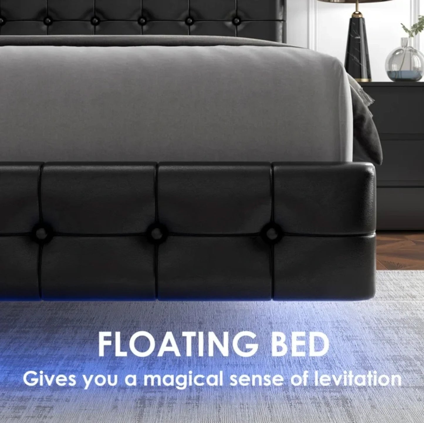 Marco De Cama Plataforma Tapizada en PU Piel Cama KING Size Cabecera LED Black