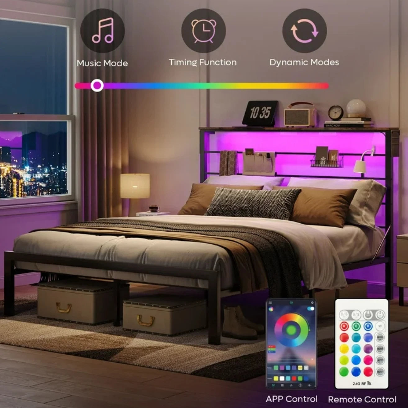 Marco De Cama Base Plataforma de Metal Cabecera LED Storage Habitacion FULL Size