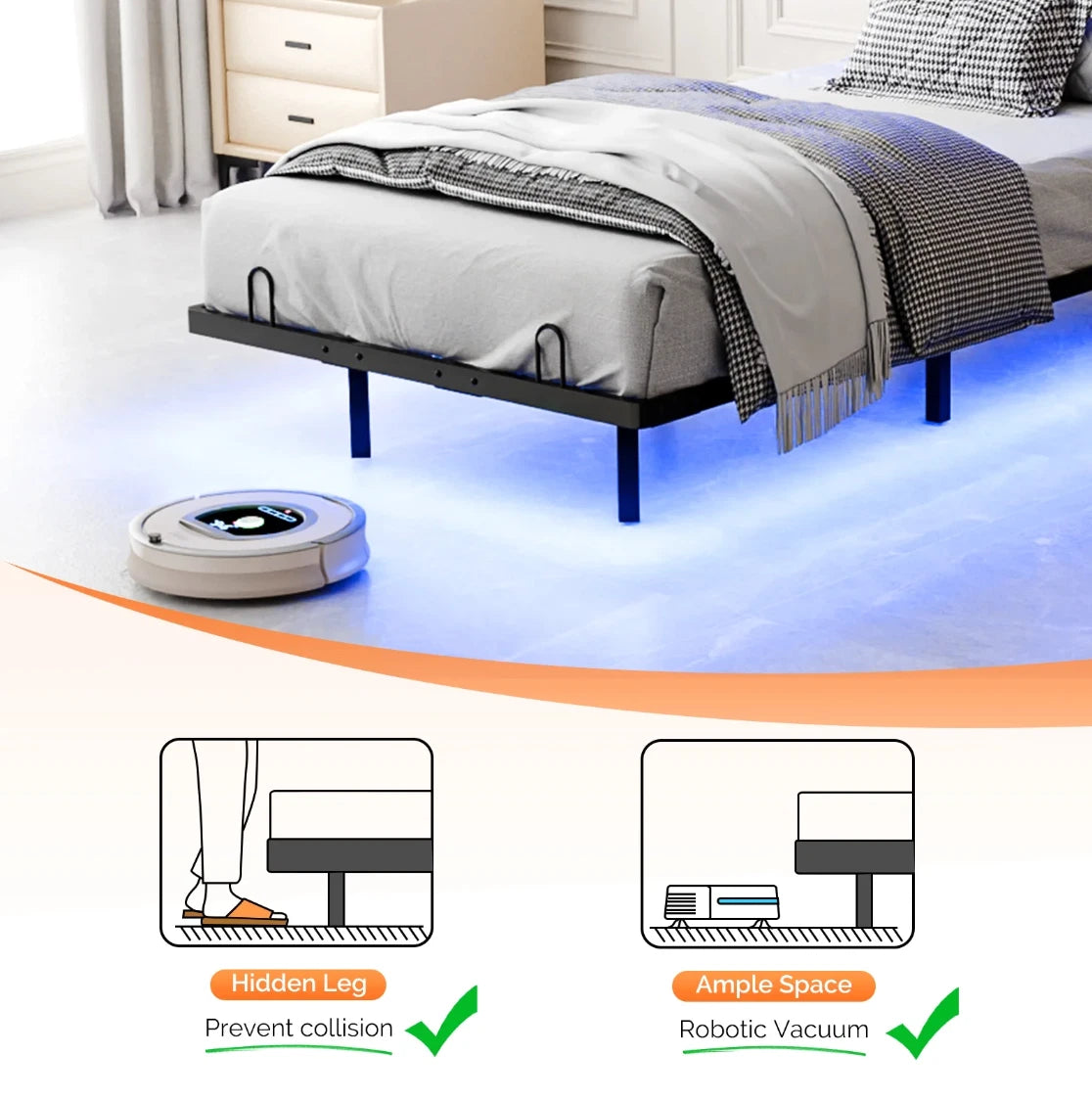 Twin Floating Bed Frame w/ LED Cama Twin con Luz LED Plataforma Gris NEW