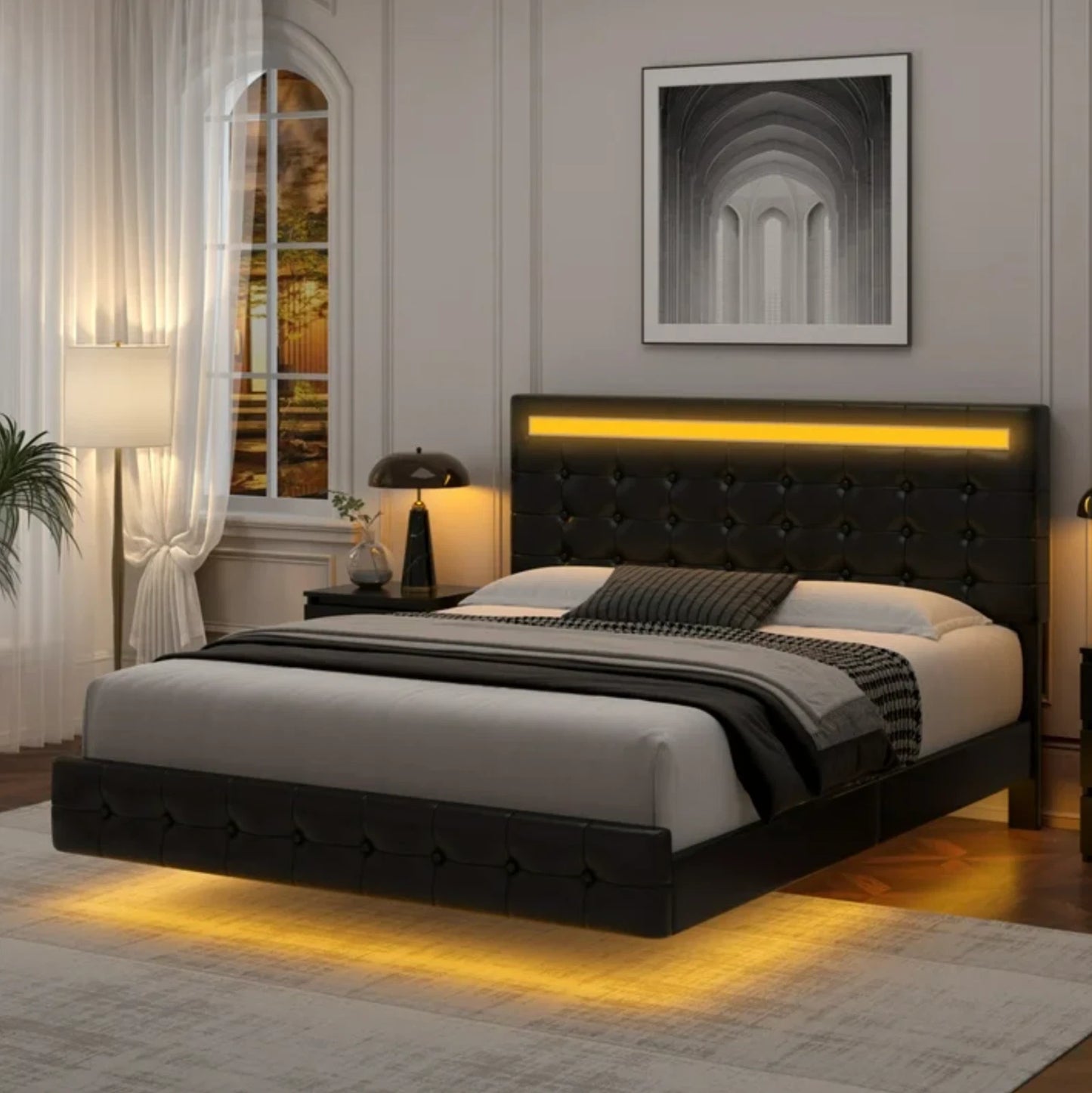 Marco De Cama Plataforma Tapizada en PU Piel Cama KING Size Cabecera LED Black