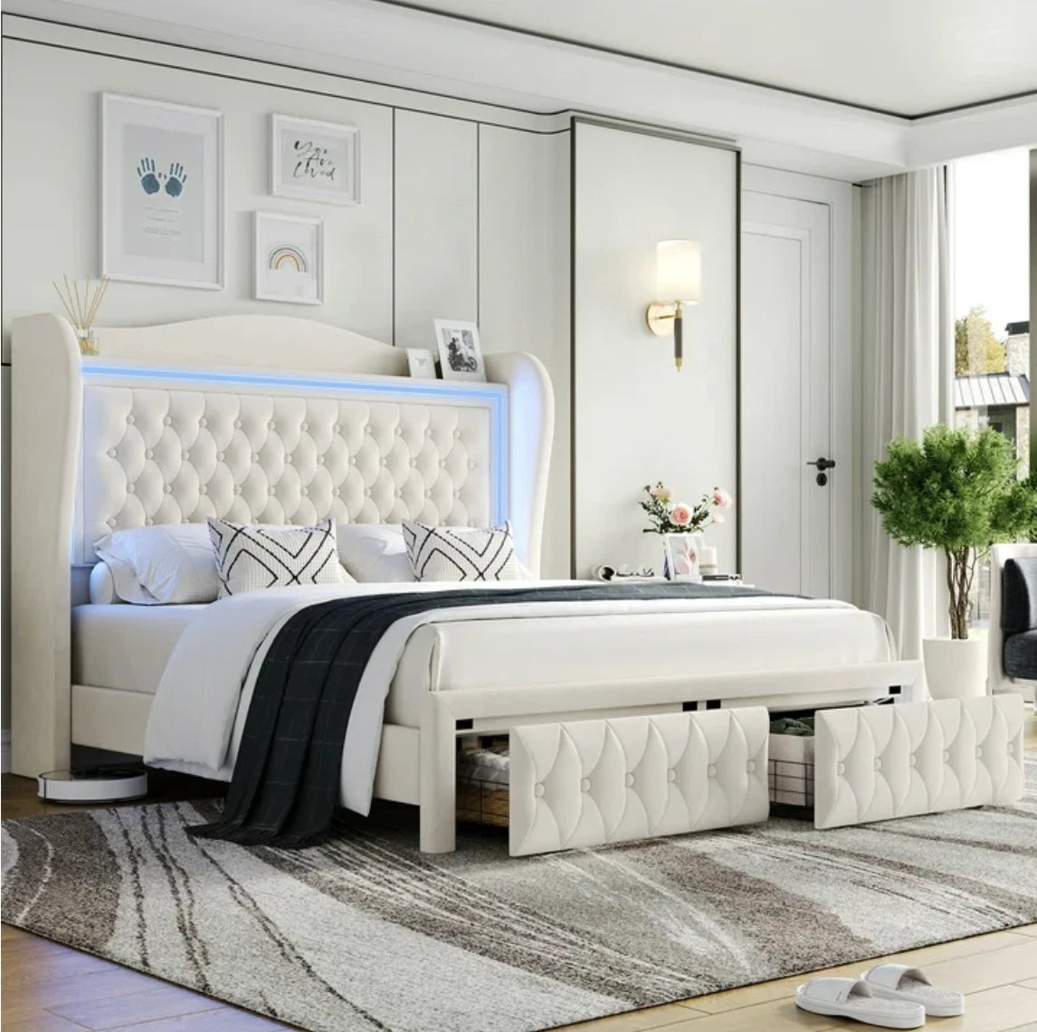 Marco De Cama Plataforma Con Almacenaje LED Luz Cabecera Tapizada Velvet Queen