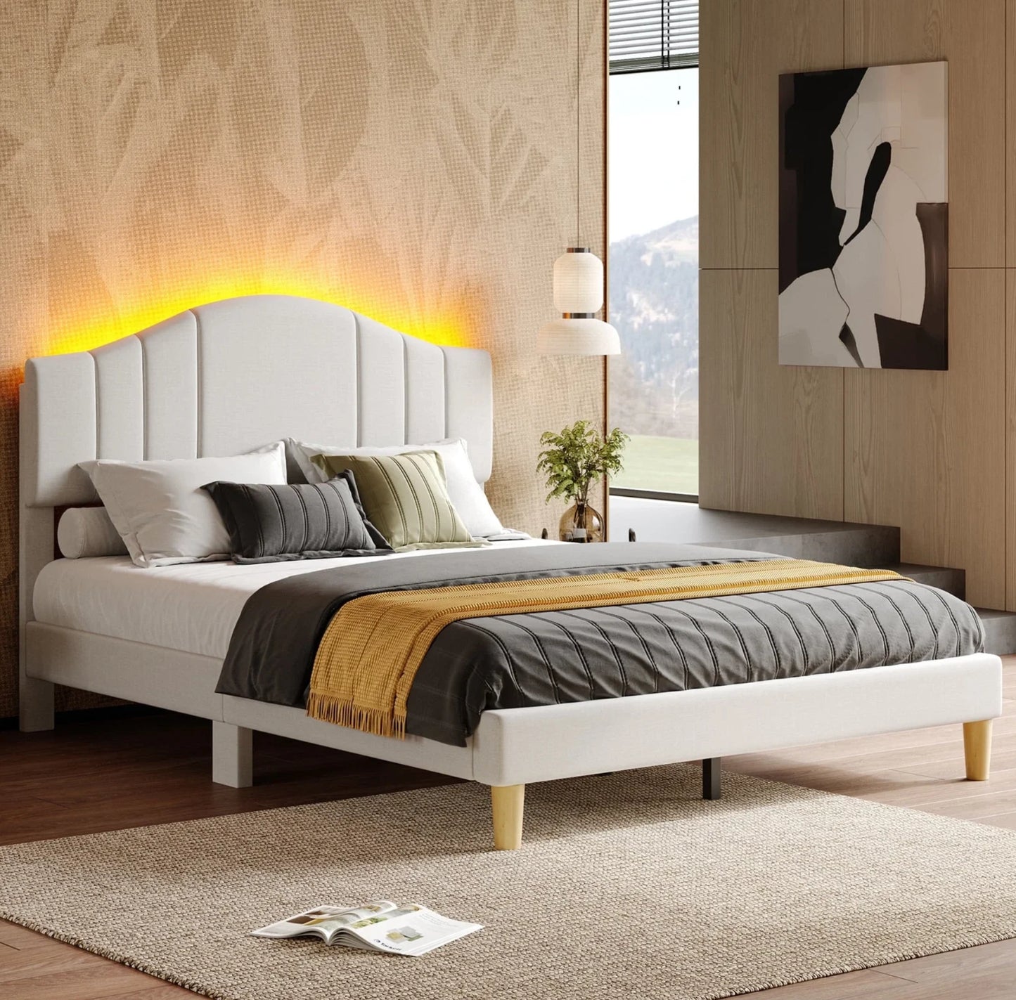 Marco De Cama Full Size Plataforma Tapizada en Terciopelo Cama Cabecera Beige