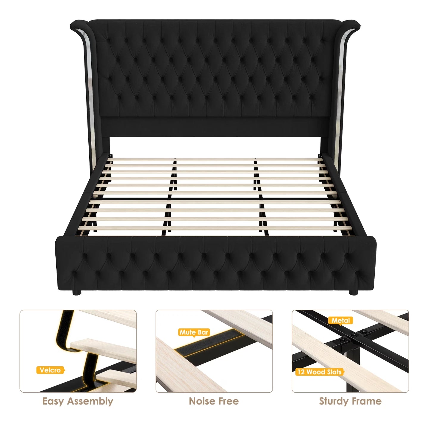 Marco De Cama King Size Plataforma Tapizada en Terciopelo Cama Cabecera LED