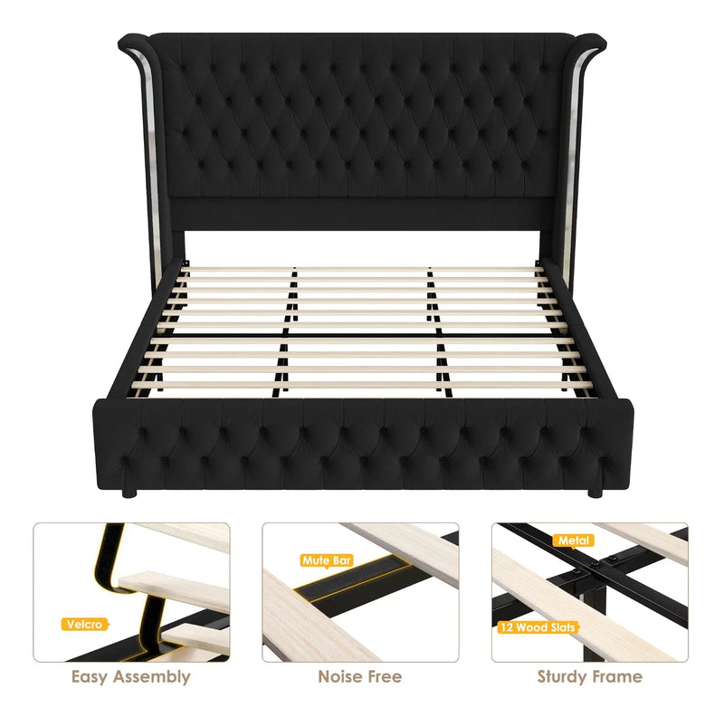 Marco De Cama King Size Plataforma Tapizada en Terciopelo Cama Cabecera LED