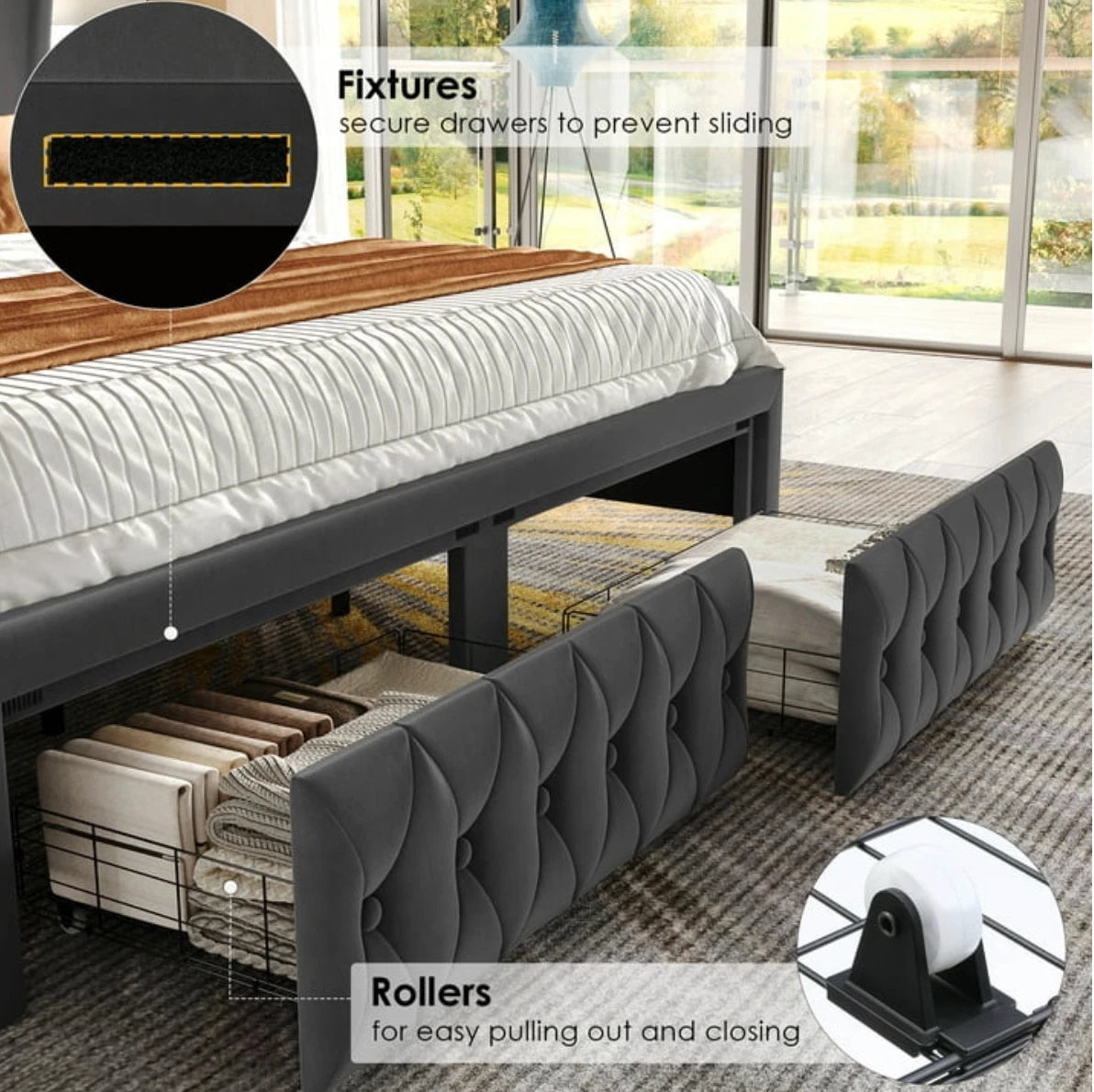 Marco De Cama Plataforma Con Almacenaje LED Luz Cabecera Queen Tapizada Velvet