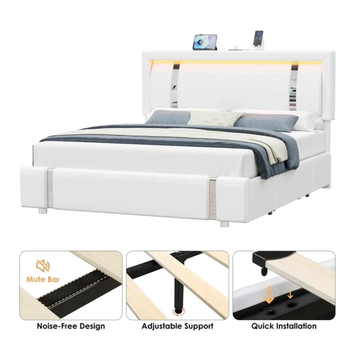 Marco De Cama Plataforma Tapizada en PU Piel Cama LED Cabecera King Size Blanca