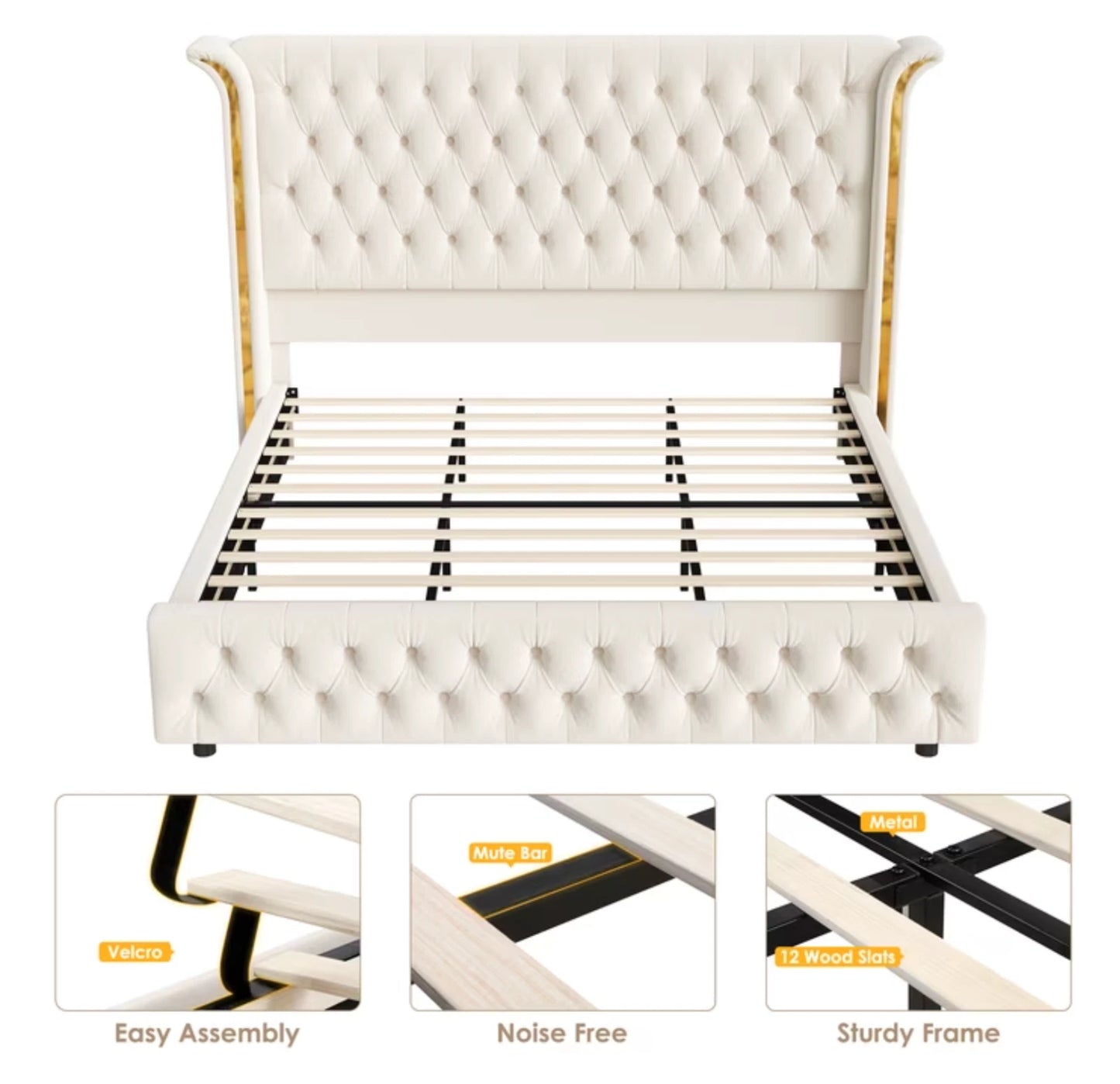 Marco De Cama King Size Plataforma Tapizada en Terciopelo Cama Cabecera LED