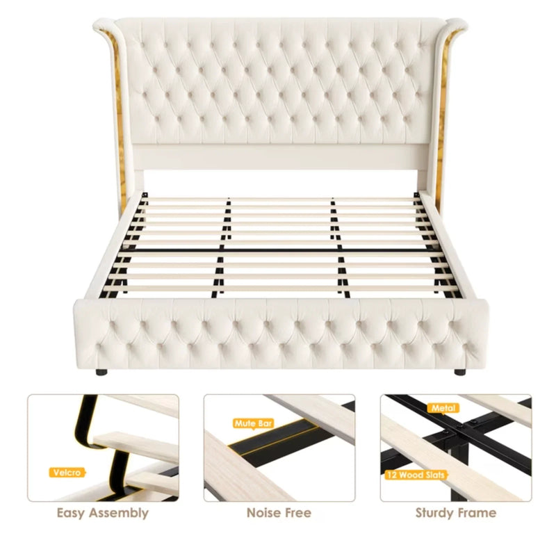 Marco De Cama King Size Plataforma Tapizada en Terciopelo Cama Cabecera LED