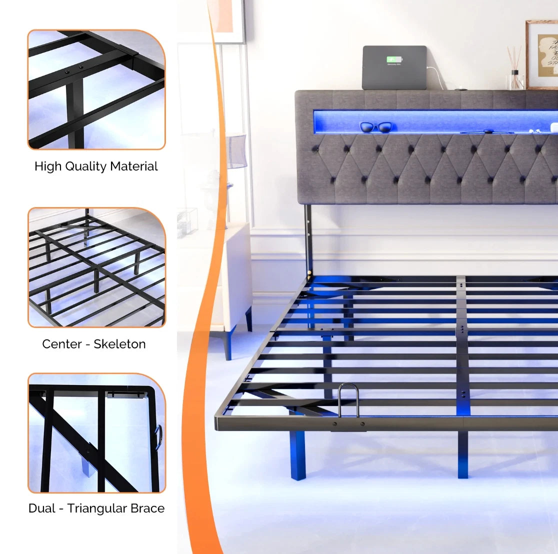 Full Floating Bed Frame w/ LED Cama Full con Plataforma Gris con Luz LED