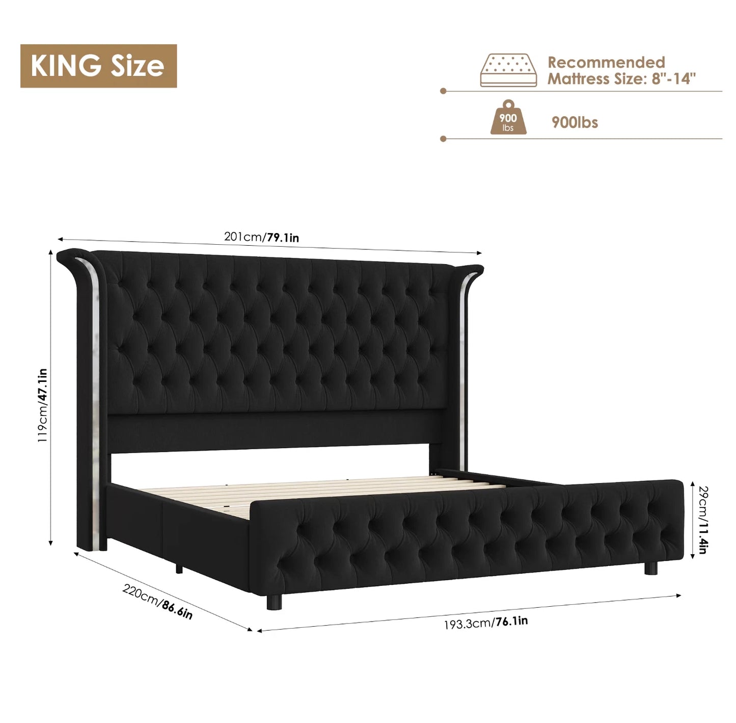 Marco De Cama King Size Plataforma Tapizada en Terciopelo Cama Cabecera LED