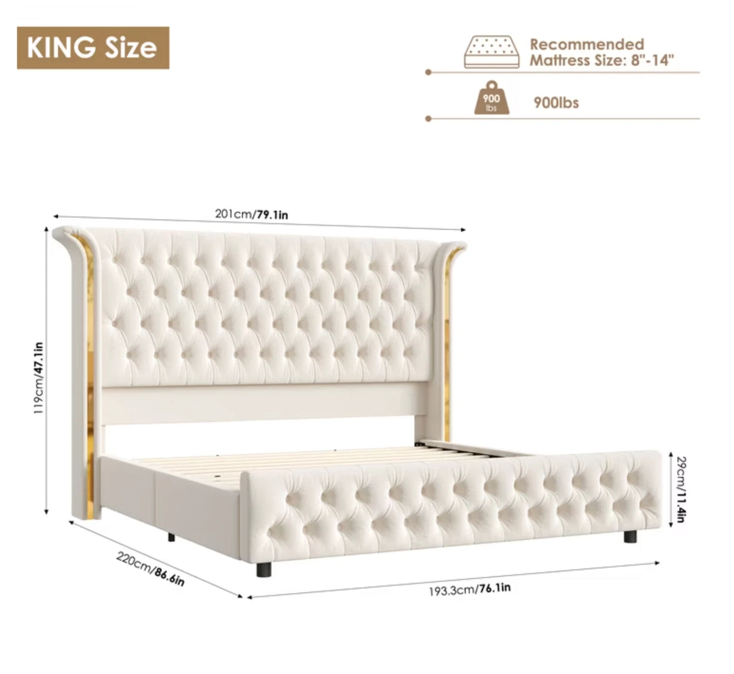 Marco De Cama King Size Plataforma Tapizada en Terciopelo Cama Cabecera LED
