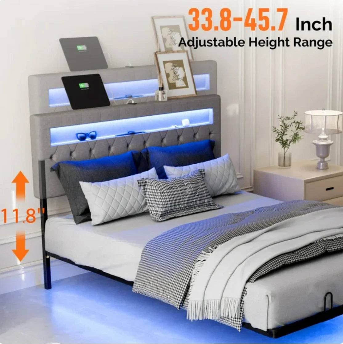 Full Floating Bed Frame w/ LED Cama Full con Plataforma Gris con Luz LED