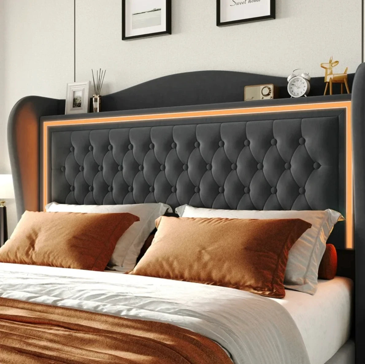 Marco De Cama Plataforma Con Almacenaje LED Luz Cabecera Queen Tapizada Velvet