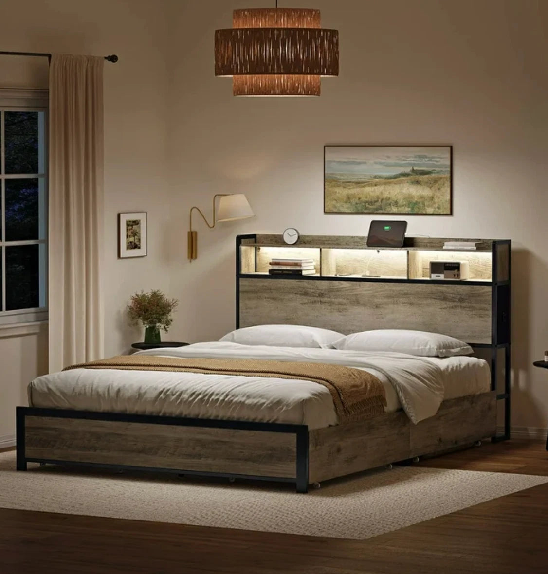 Marco De Cama Plataforma Con Cajones y Cabecera Con Almacenaje LED Luz Queen