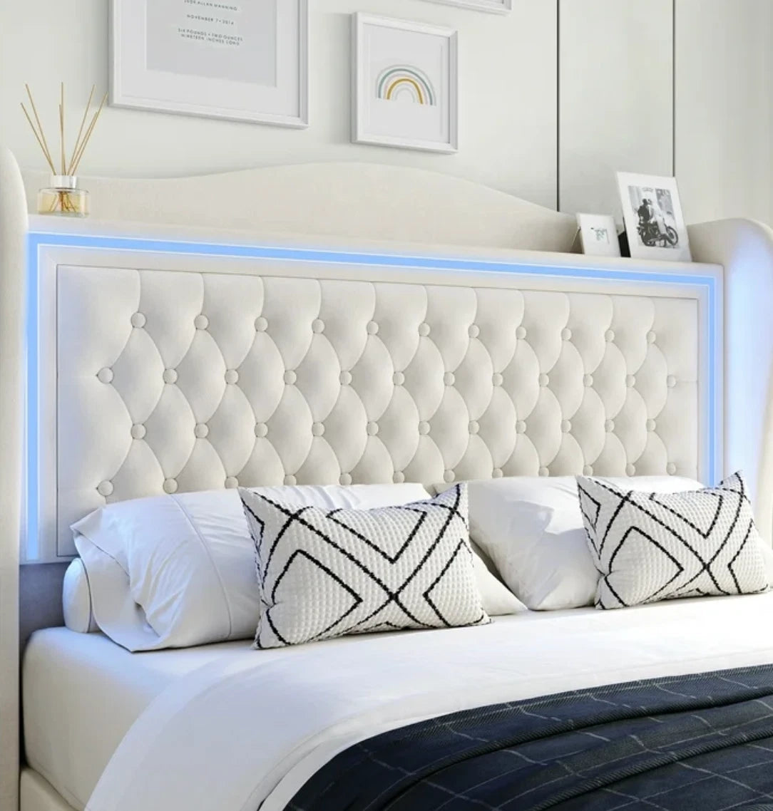 Marco De Cama Plataforma Con Almacenaje LED Luz Cabecera Tapizada Velvet Queen