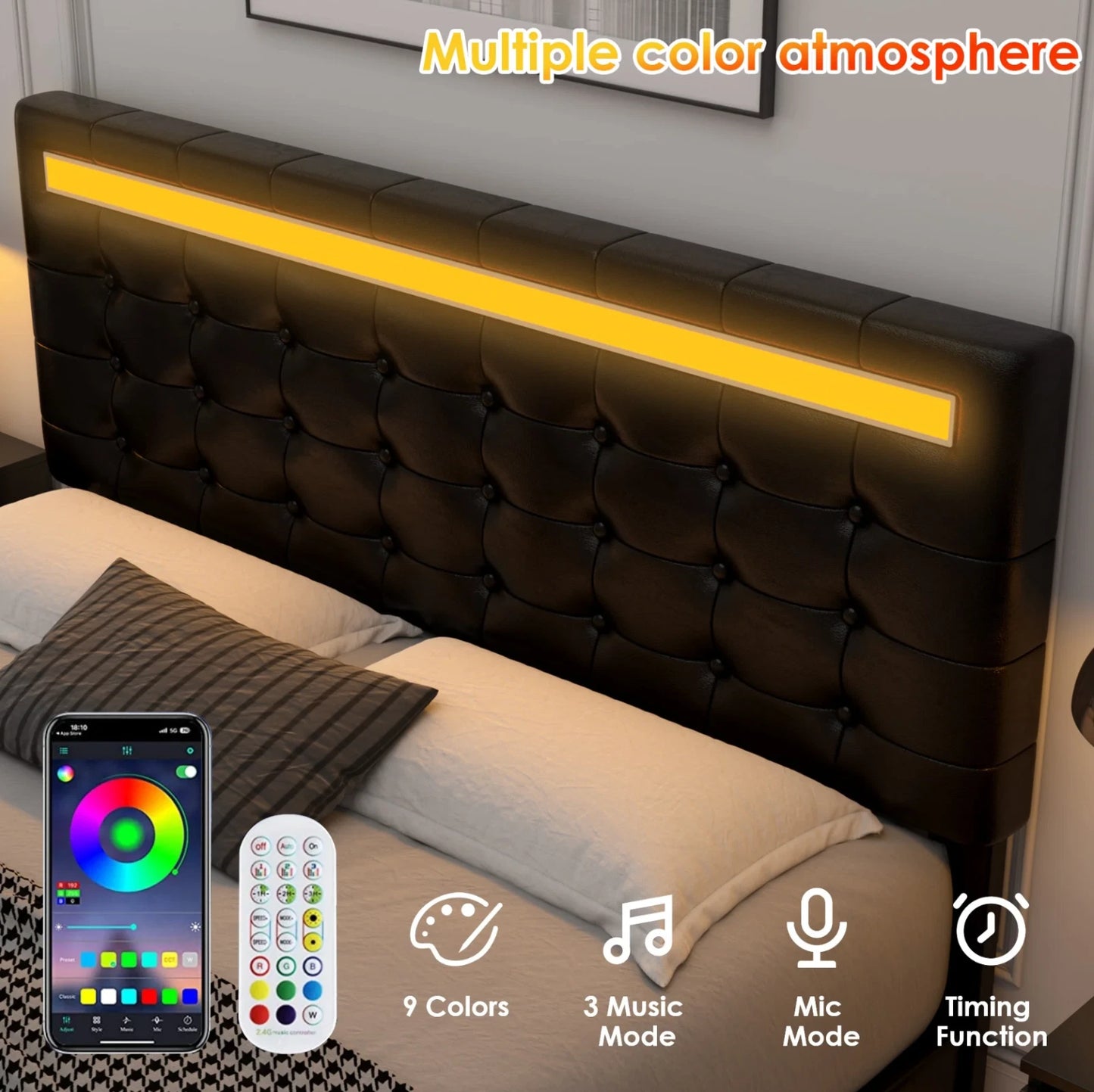 Marco De Cama Plataforma Tapizada en PU Piel Cama KING Size Cabecera LED Black