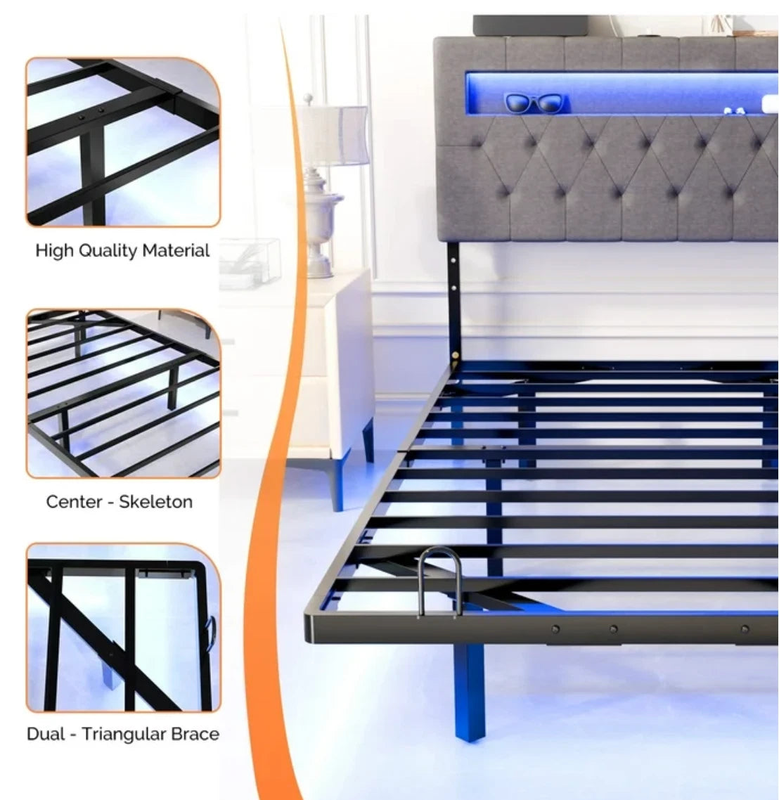Twin Floating Bed Frame w/ LED Cama Twin con Luz LED Plataforma Gris NEW