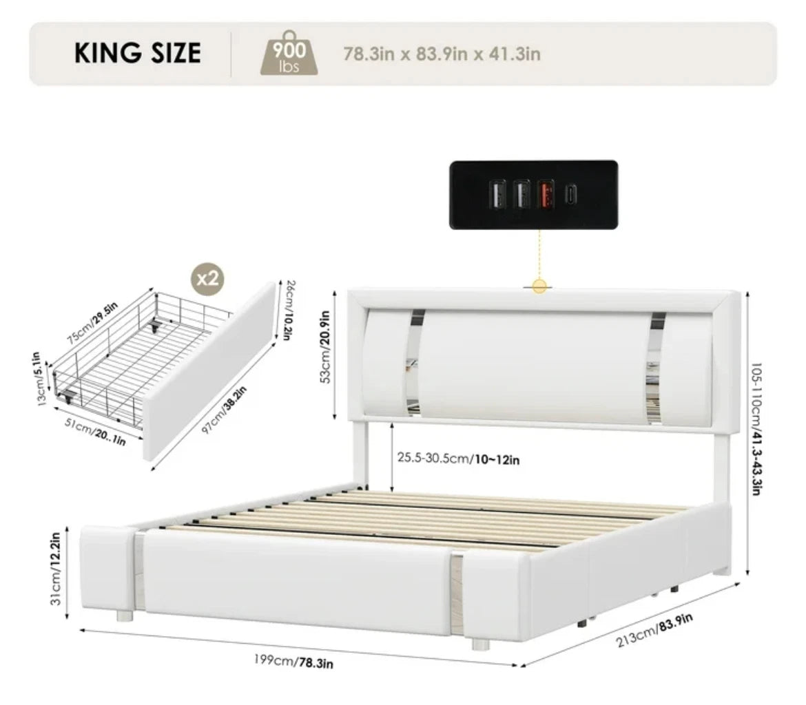 Marco De Cama Plataforma Tapizada en PU Piel Cama LED Cabecera King Size Blanca
